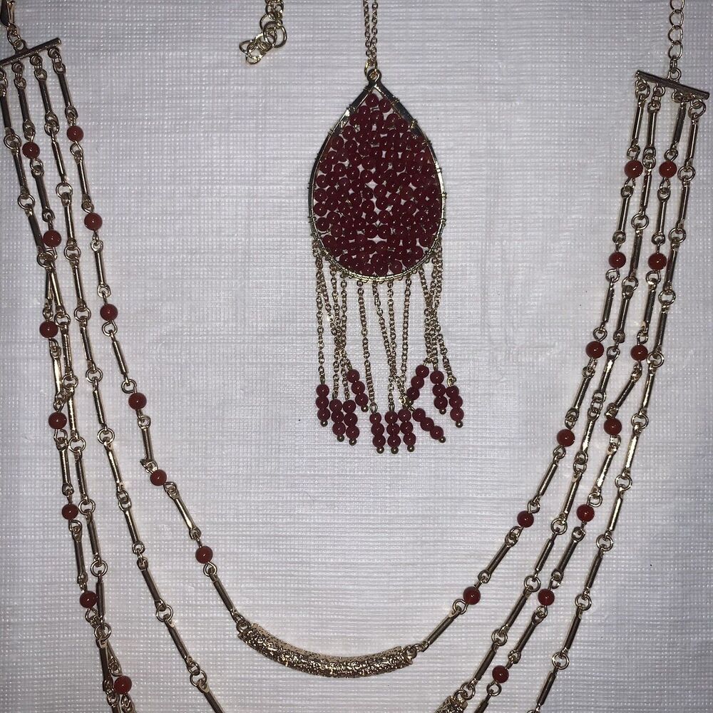lot / bundle multi-layer statement necklace red stone gold handmade gentle used